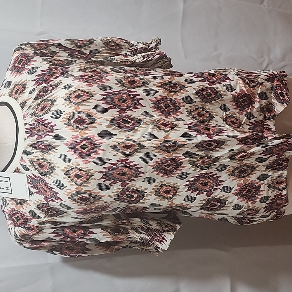 THML Relaxed Pleated Cream and Red Blouse